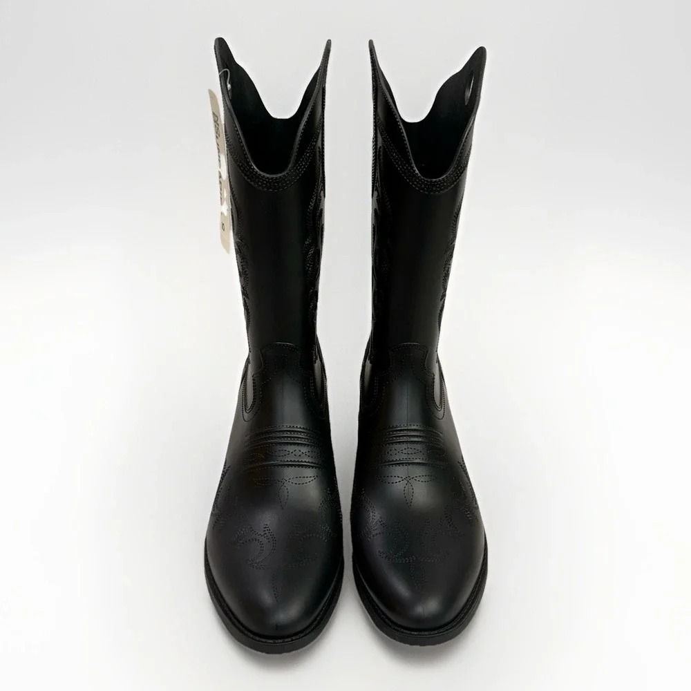 Womans Cowboy Rubber Rain Boots Sz 10 Black Pull On Water Resistant Southwestern